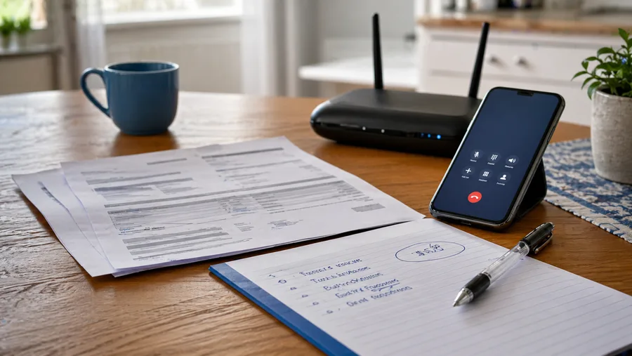 Home Wi-Fi router and a phone call screen beside an internet bill and handwritten notes on a table