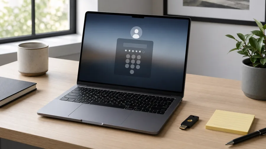 Laptop on a desk beside a security key and an unmarked sign-in prompt, suggesting passkey login and PIN troubleshooting