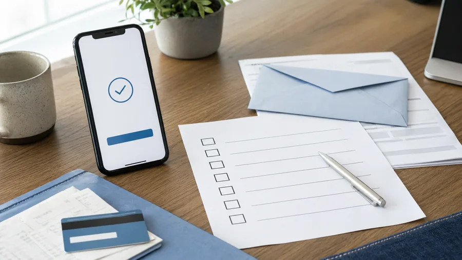 Phone confirmation screen beside a blank cancellation checklist, envelope, and payment card on a desk