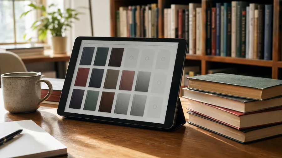 E-reader showing a fading ebook catalog beside a stack of print books